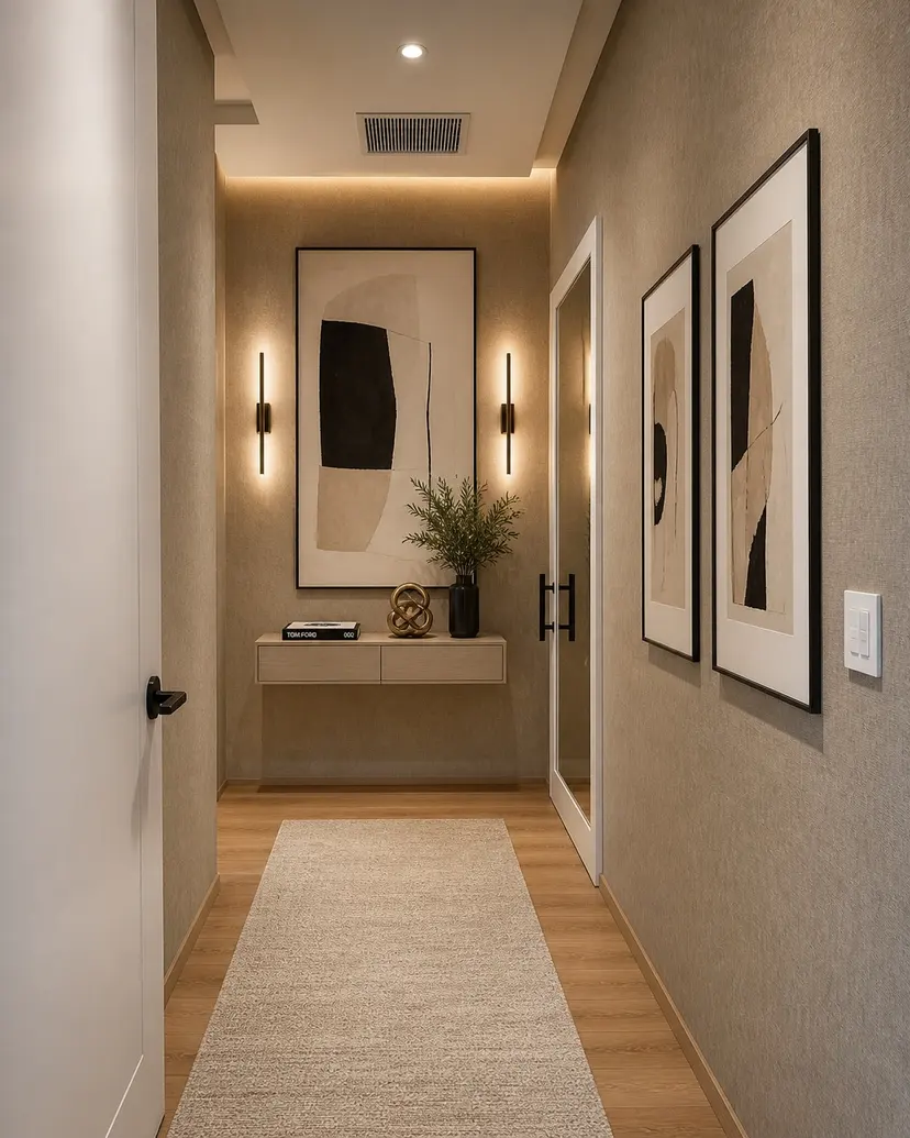 Entry hall with textured plaster, framed art, linear sconces and a floating console