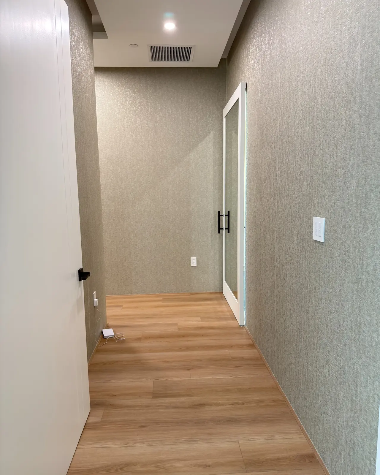 Bare entry corridor with plain walls, a builder door and an exposed socket