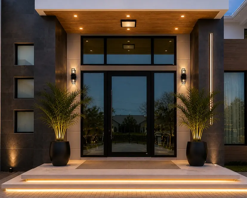 The facade at night, with a warm wood soffit, vertical lights and planters