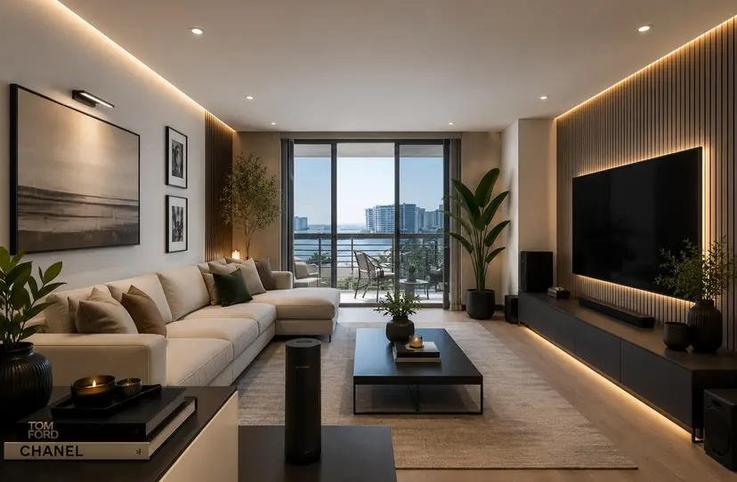 Living room with a dark slatted wood wall, integrated lighting and a low console