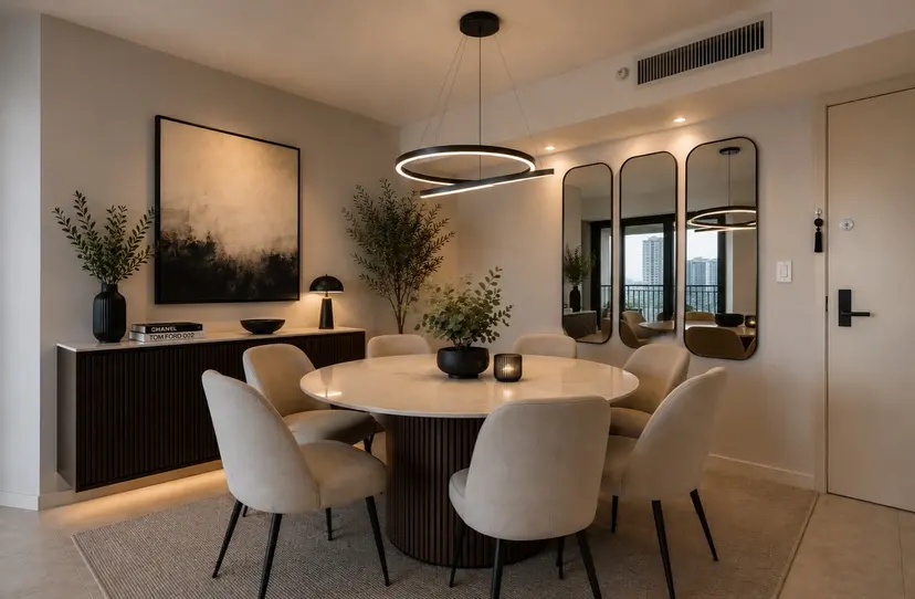 Round fluted table, upholstered chairs, a ring pendant and three arched mirrors
