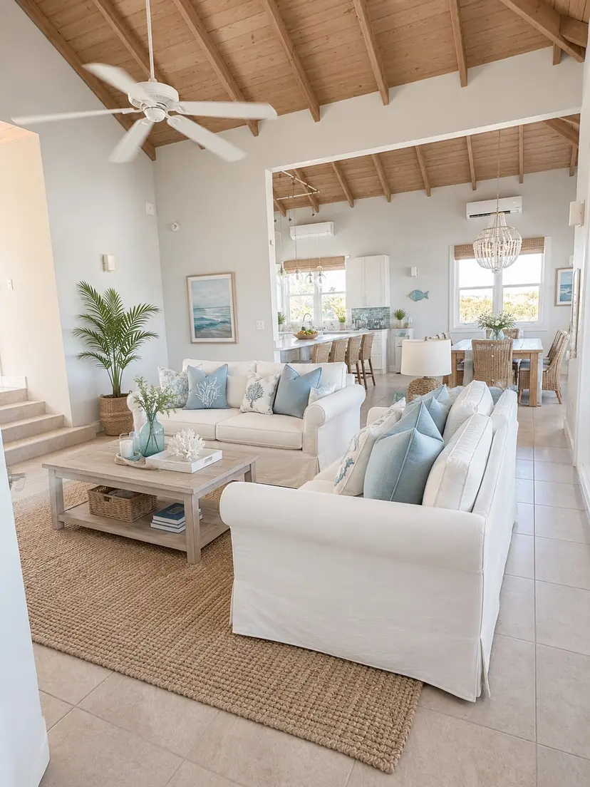 The same room in a pale coastal palette, with slipcovered sofas and a large natural rug