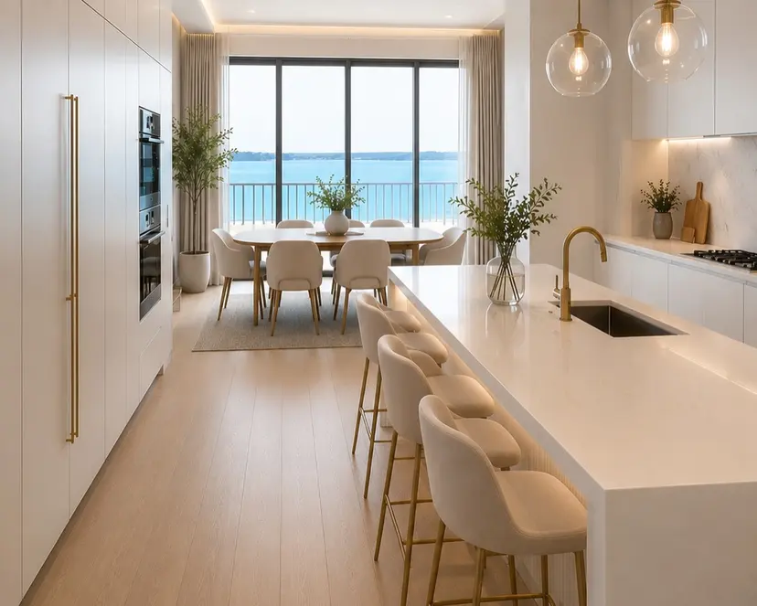 Finished kitchen with a waterfall island, pale cabinetry and the bay through the window