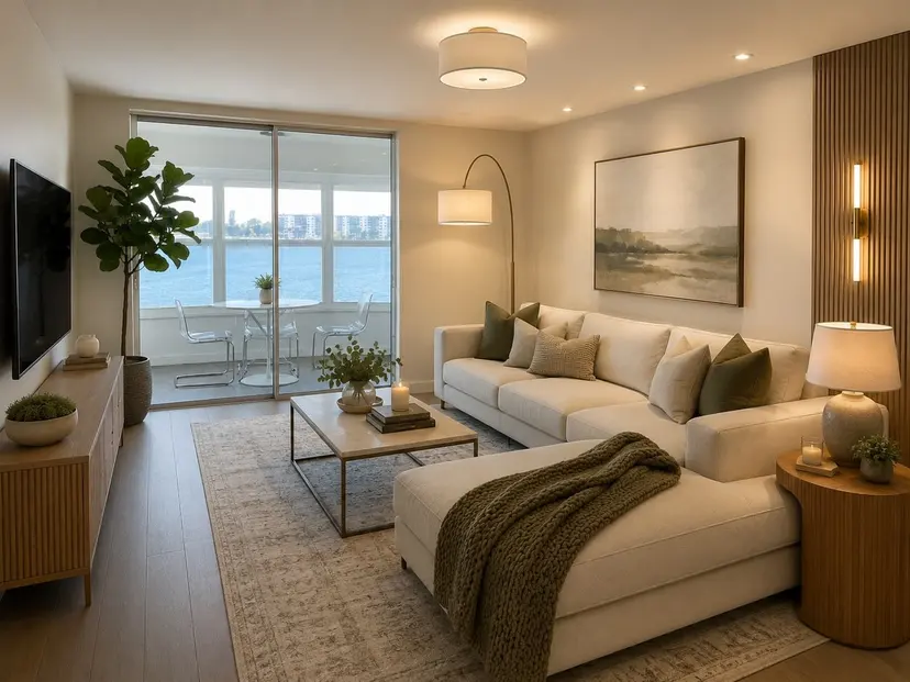 The room with a slatted panel, cove lighting, a framed landscape and a deeper sofa