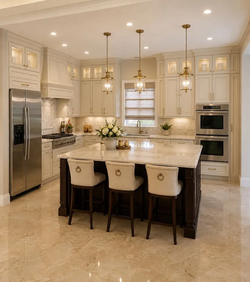 The kitchen rebuilt in pale shaker cabinetry with a marble island and brass pendants